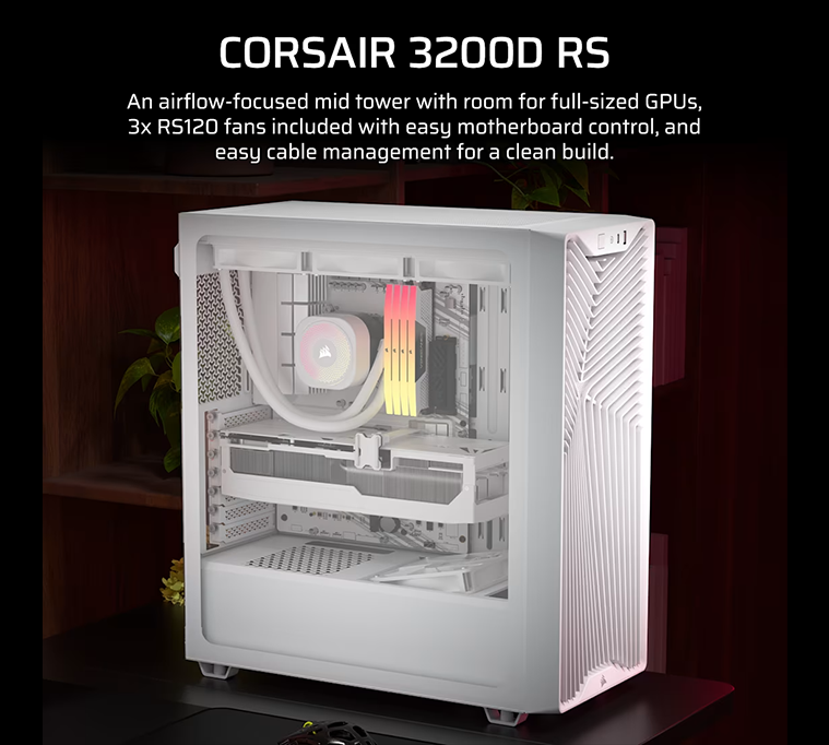 CORSAIR 3200D RS Mid-Tower PC Case, White