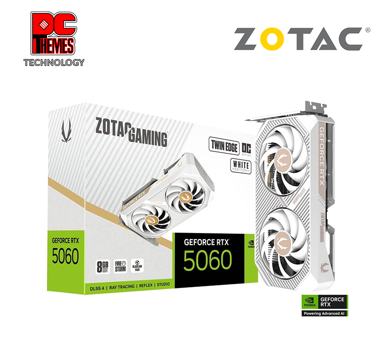 ZOTAC GAMING RTX 5060 TWIN EDGE OC 8GB Graphics Card - White - L220.5mm x W120.25mm x H41.6mm (2-Slot, SFF-Ready)