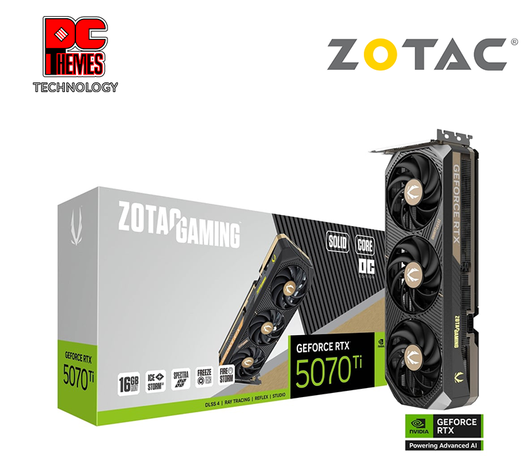 ZOTAC GAMING RTX 5070 Ti SOLID CORE OC 16GB Graphics Card - L303.5mm x W115.8mm x H55.7mm (2.5-Slot Design)
