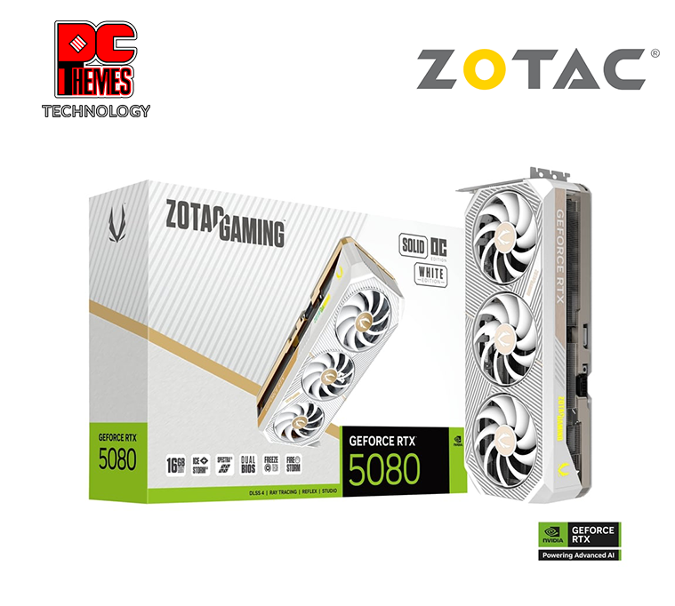 ZOTAC GAMING RTX 5080 SOLID OC 16GB Graphics Card - White - 	L329.7mm x W137.8mm x H67.8mm (3.5 Slot Design)